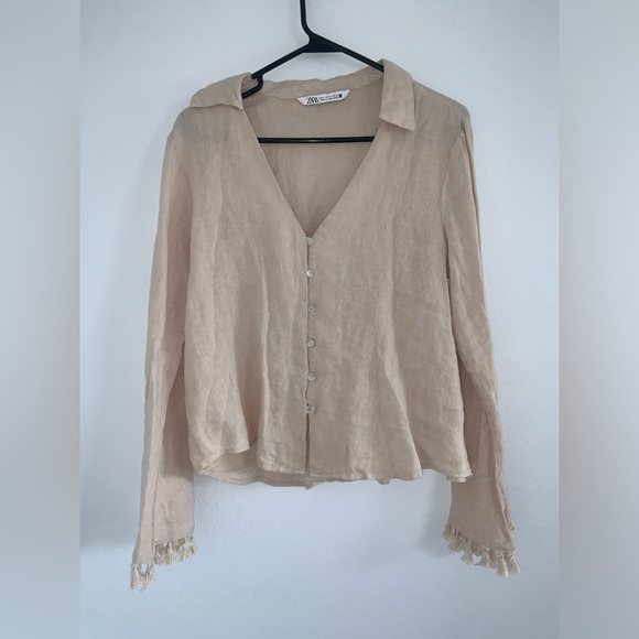 Zara Linen Fringe Bell Sleeve Button Down Shirt - Picture 8 of 9